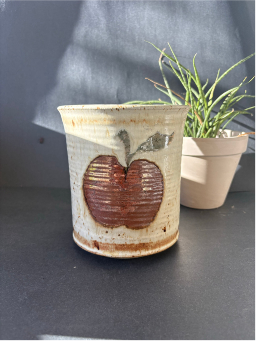 Ceramic Apple Decal Pottery Kitchen Utensil Crock Hand Made